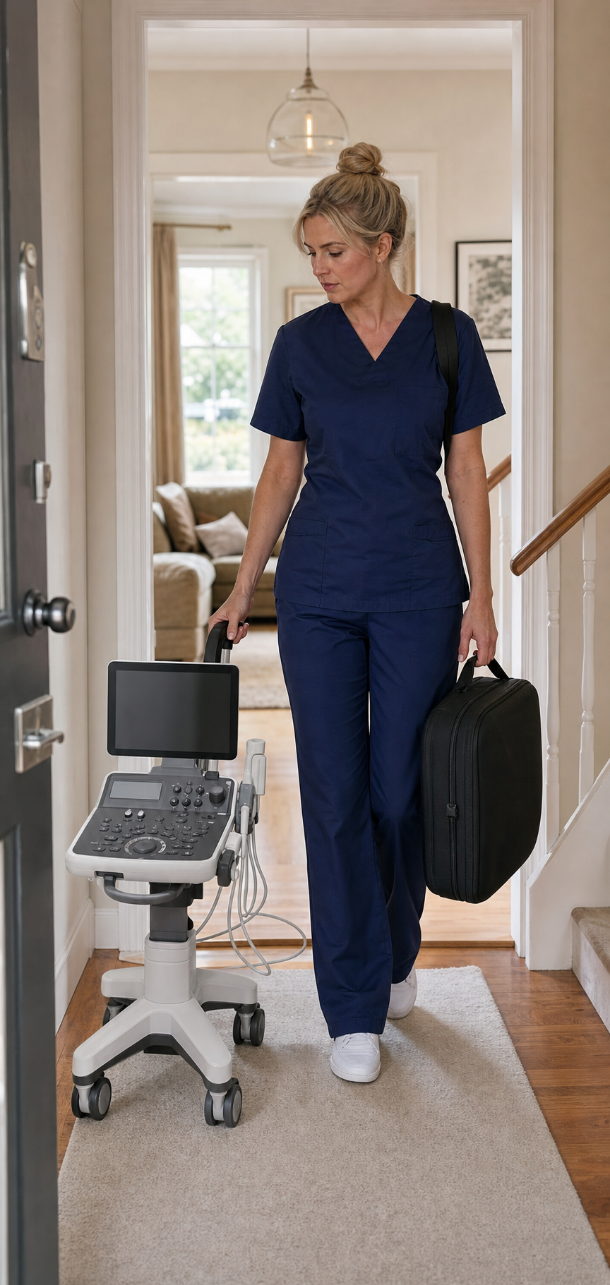 Mobile ultrasound clinician discussing an examination with a patient at home