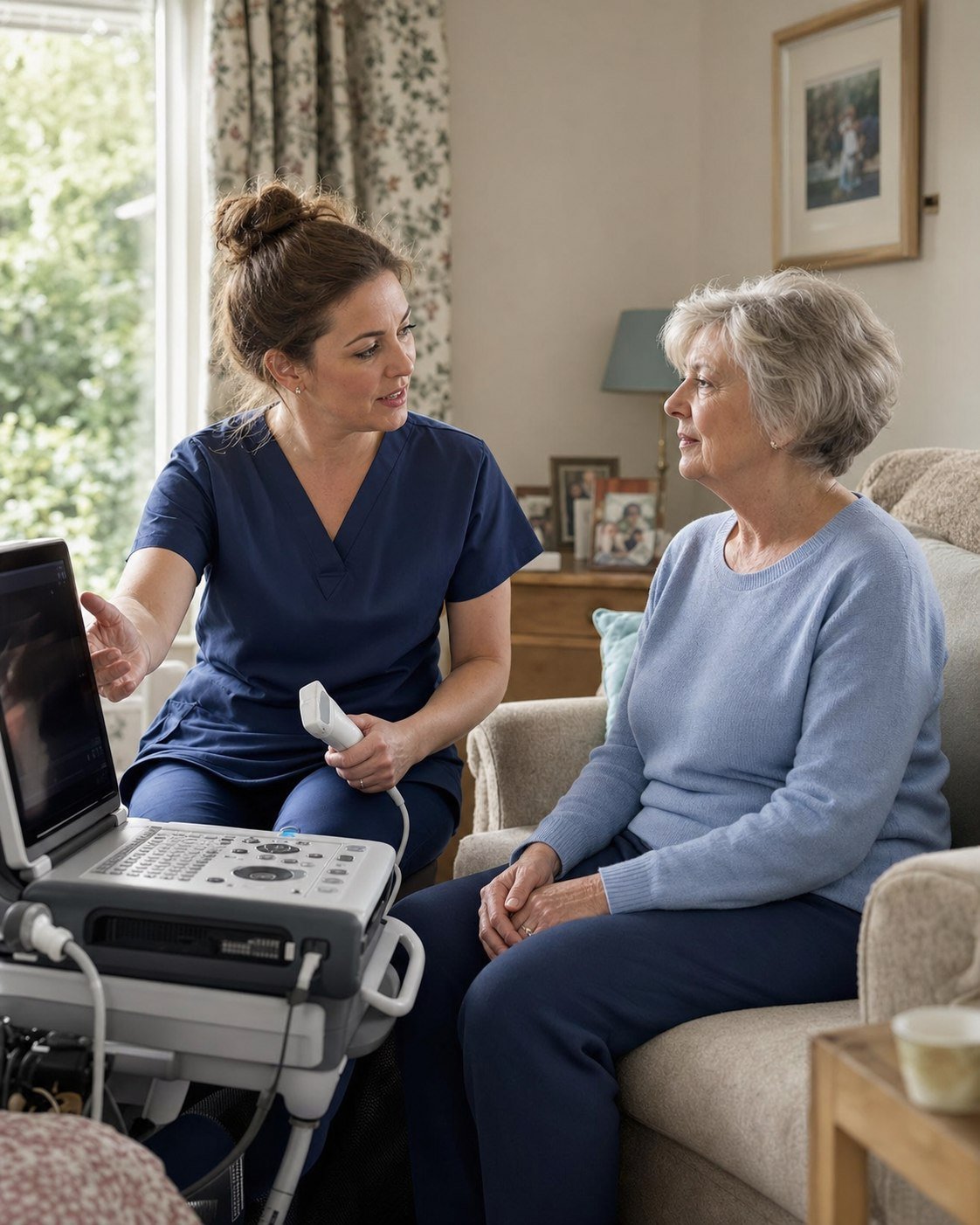 Mobile ultrasound clinician explaining an examination to a patient at home